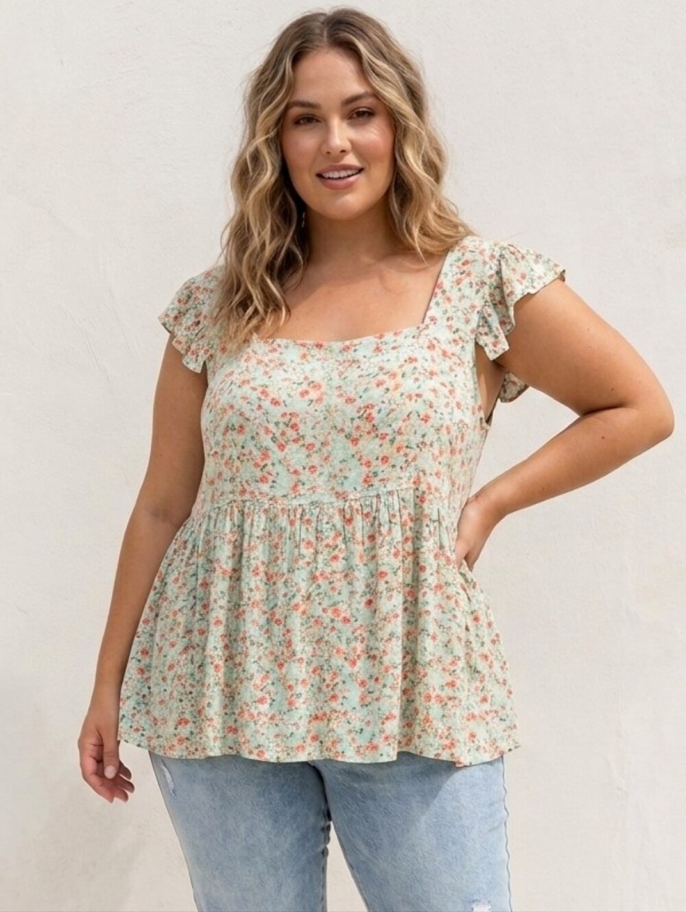Andree By Unit Mint Green Floral Flutter Cap Sleeve Babydoll Blouse Top Size 2X